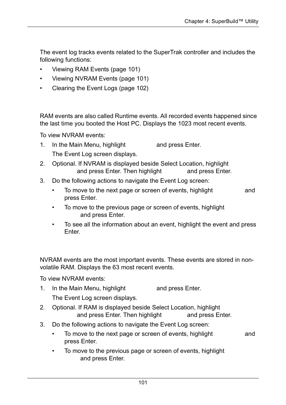 Managing the event log, Viewing ram events, Viewing nvram events | Viewing ram events viewing nvram events | Promise Technology Network Device EX8654 User Manual | Page 115 / 318