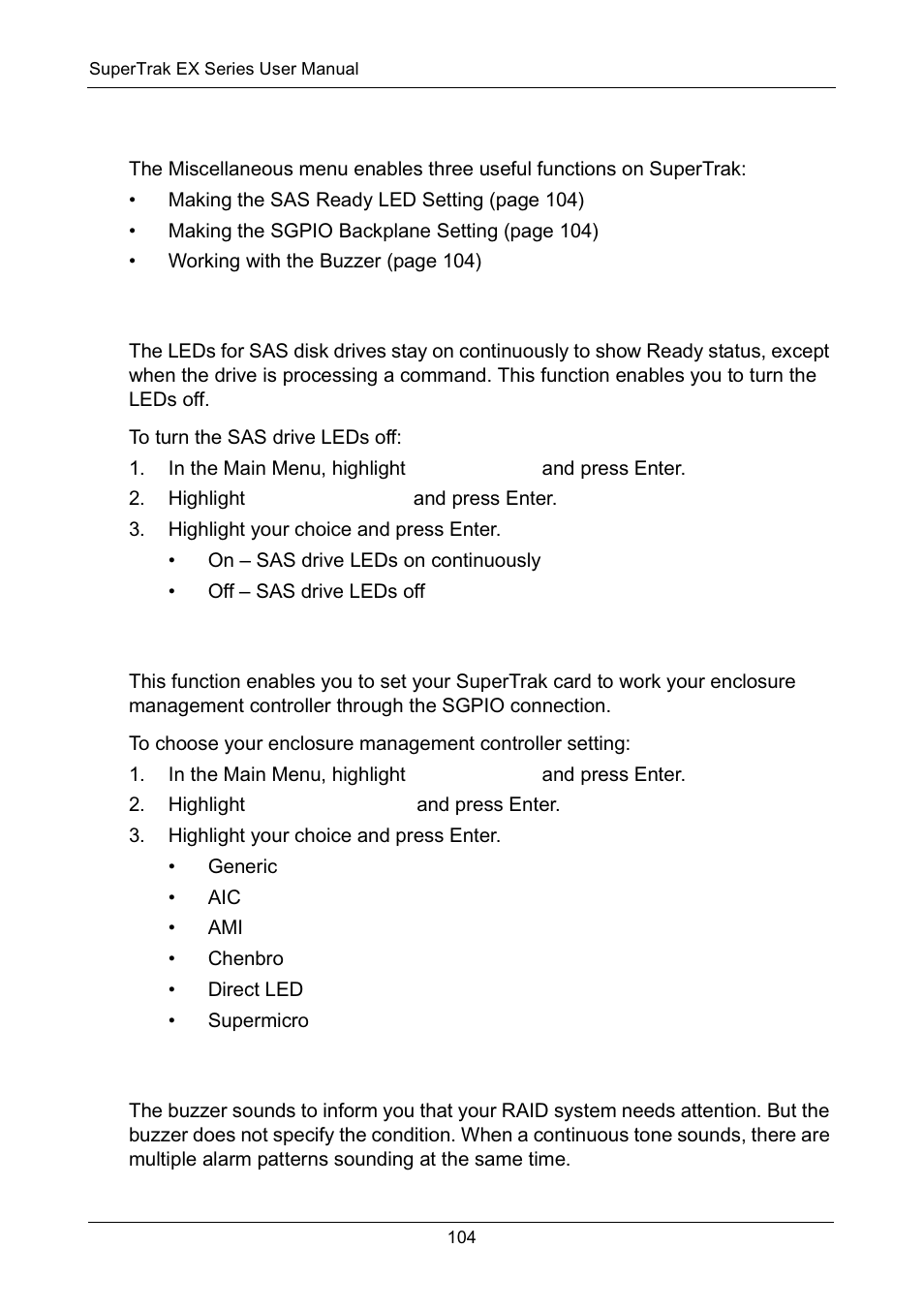 Using the miscellaneous menu, Making the sas ready led setting, Making the sgpio backplane setting | Working with the buzzer | Promise Technology Network Device EX8654 User Manual | Page 118 / 318