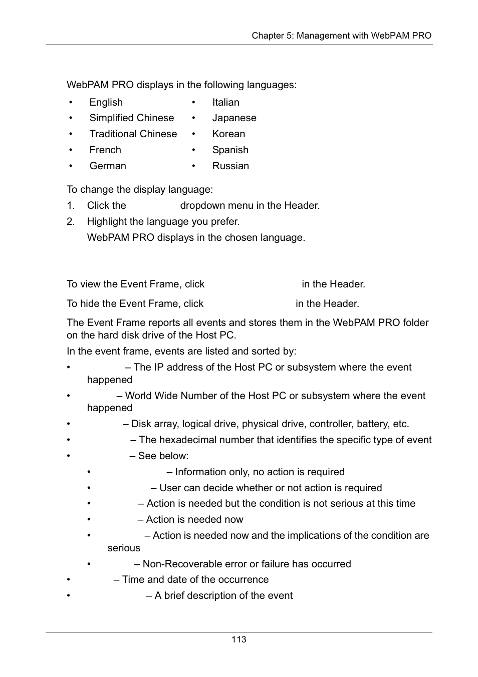 Choosing a display language, Viewing the event frame, E “choosing a display | E “viewing the | Promise Technology Network Device EX8654 User Manual | Page 127 / 318