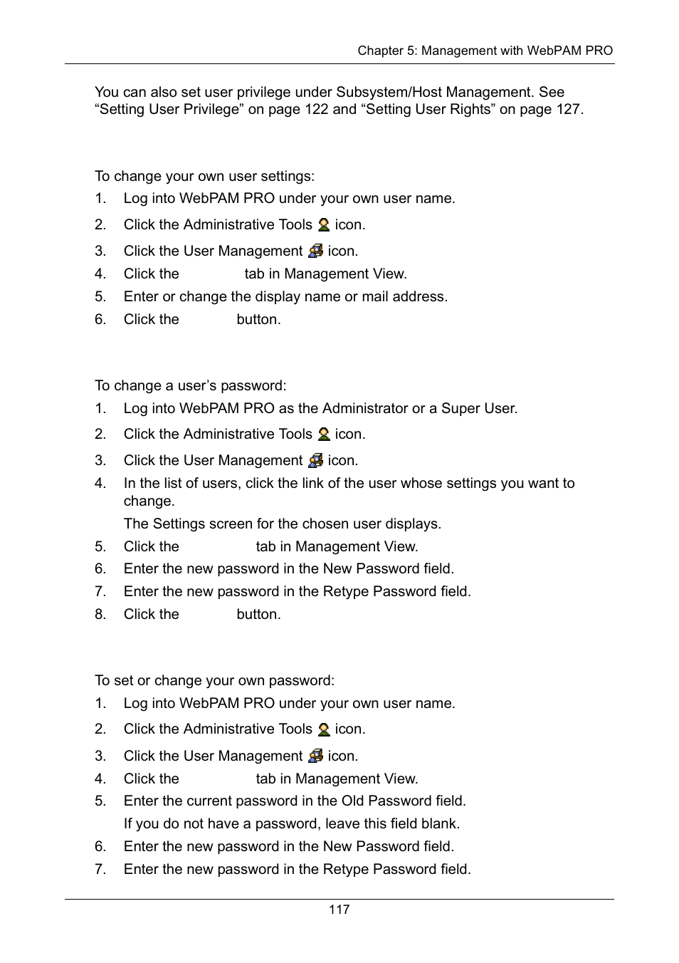 Making your own user settings, Changing a user’s password, Changing your own password | Promise Technology Network Device EX8654 User Manual | Page 131 / 318