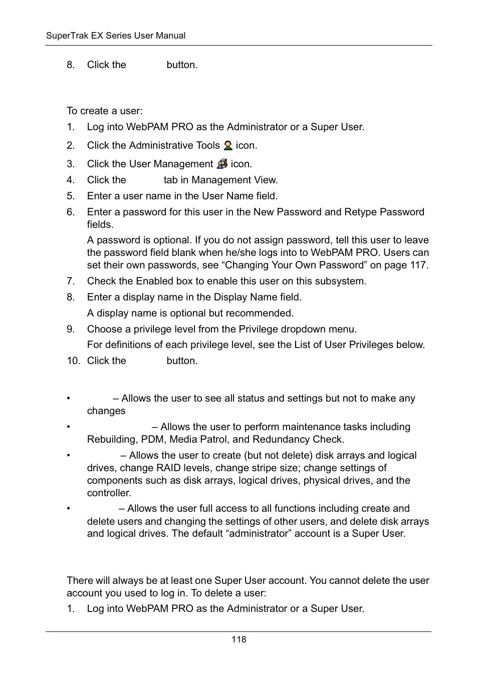 Creating a user, List of user privileges, Deleting a user | Creating a user deleting a user | Promise Technology Network Device EX8654 User Manual | Page 132 / 318