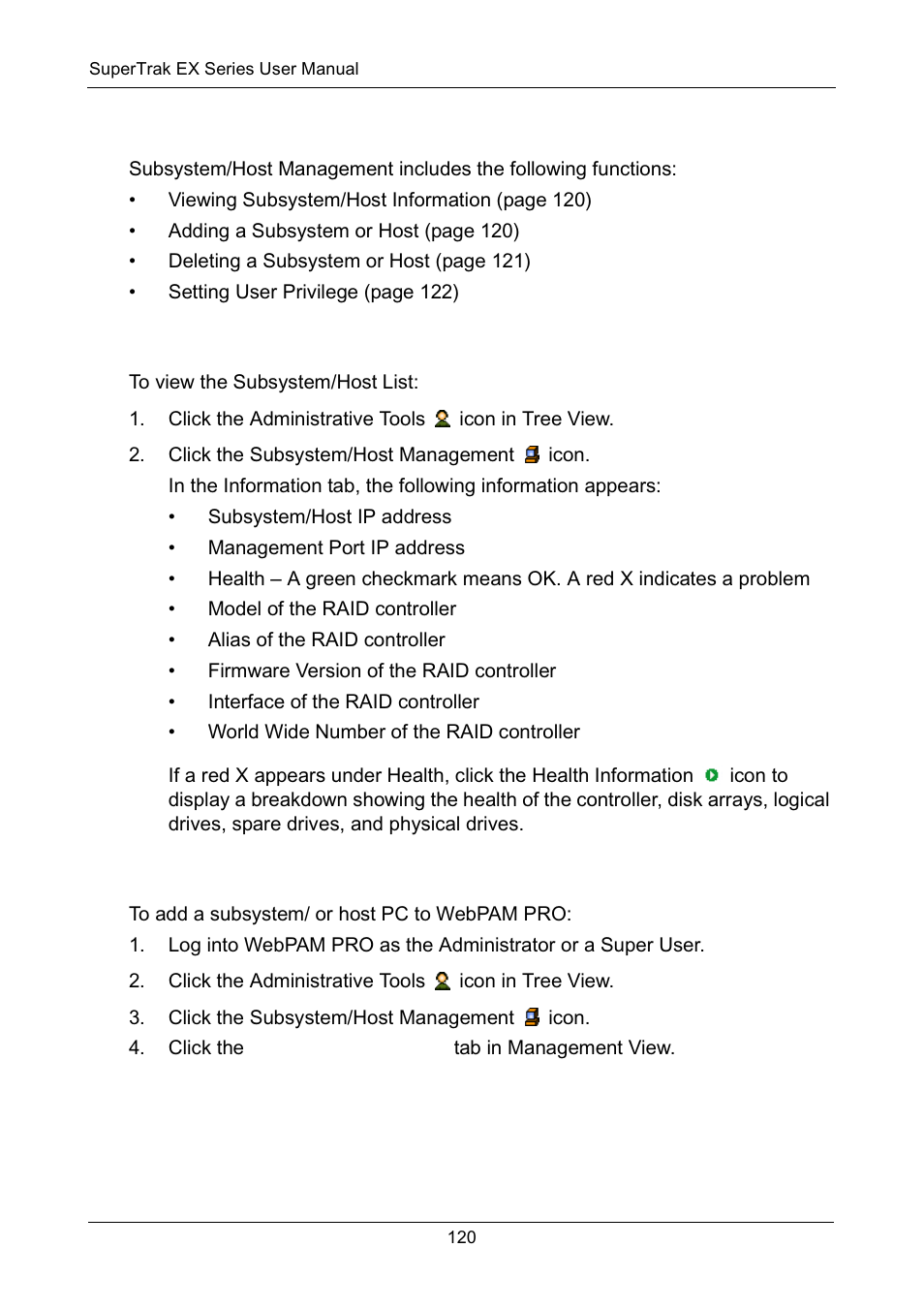 Working with subsystem/host management, Viewing subsystem/host information, Adding a subsystem or host | Promise Technology Network Device EX8654 User Manual | Page 134 / 318