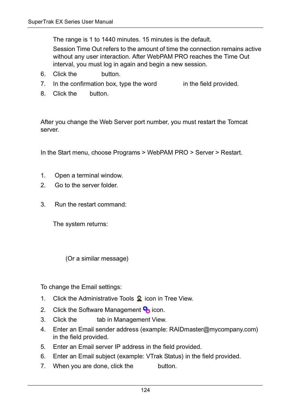 Restarting the tomcat server, Windows, Linux | Setting up email service | Promise Technology Network Device EX8654 User Manual | Page 138 / 318