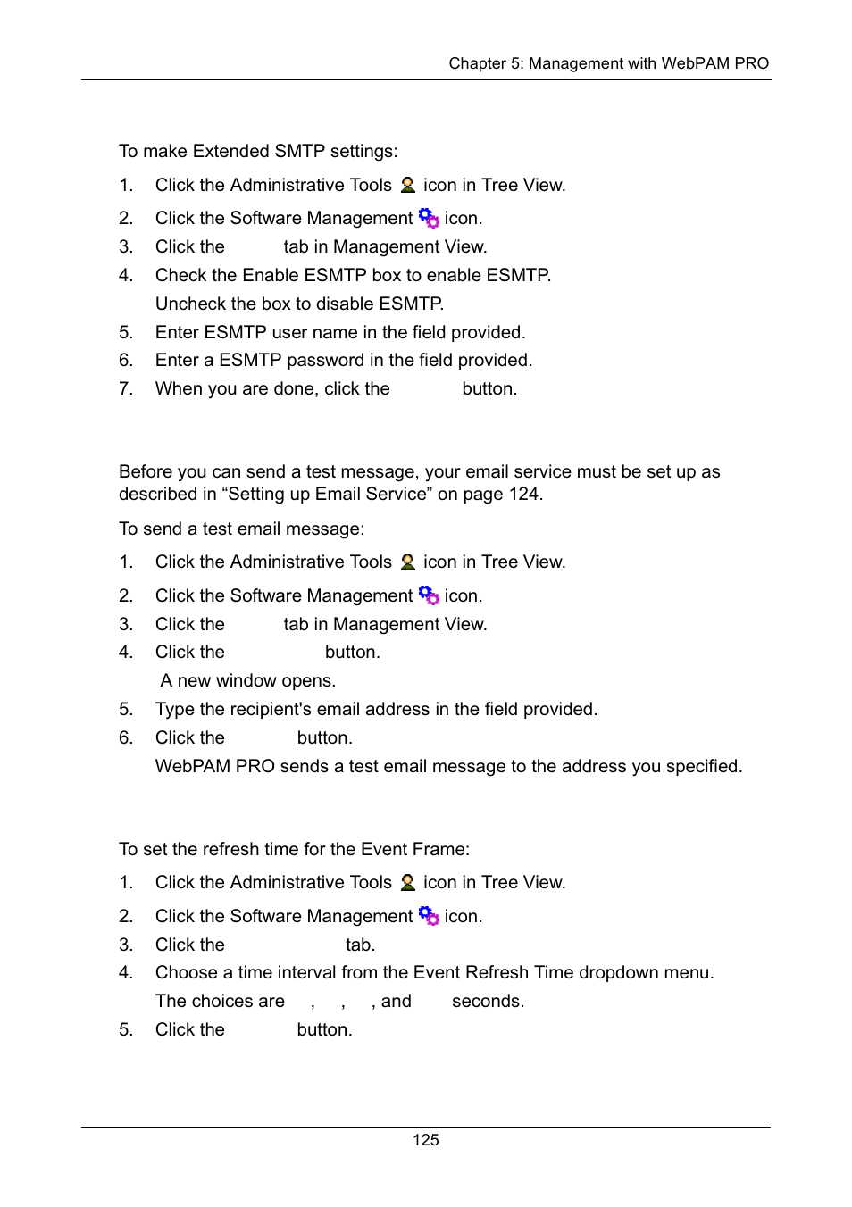 Setting up extended smtp, Sending a test email message, Setting event frame refresh time | Promise Technology Network Device EX8654 User Manual | Page 139 / 318