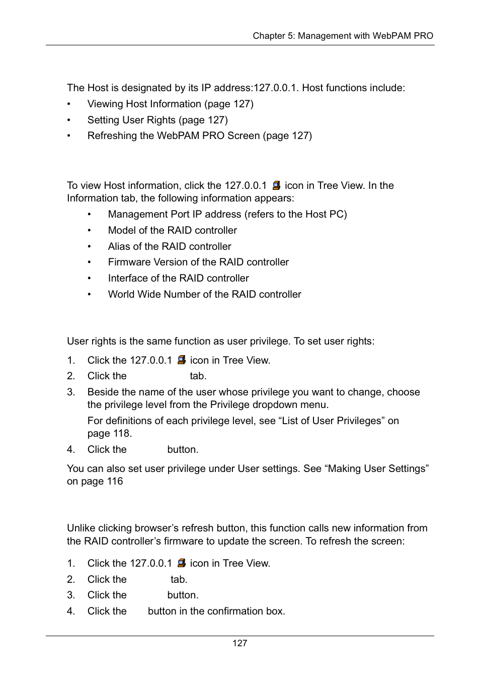 Managing the host, Viewing host information, Setting user rights | Refreshing the webpam pro screen | Promise Technology Network Device EX8654 User Manual | Page 141 / 318