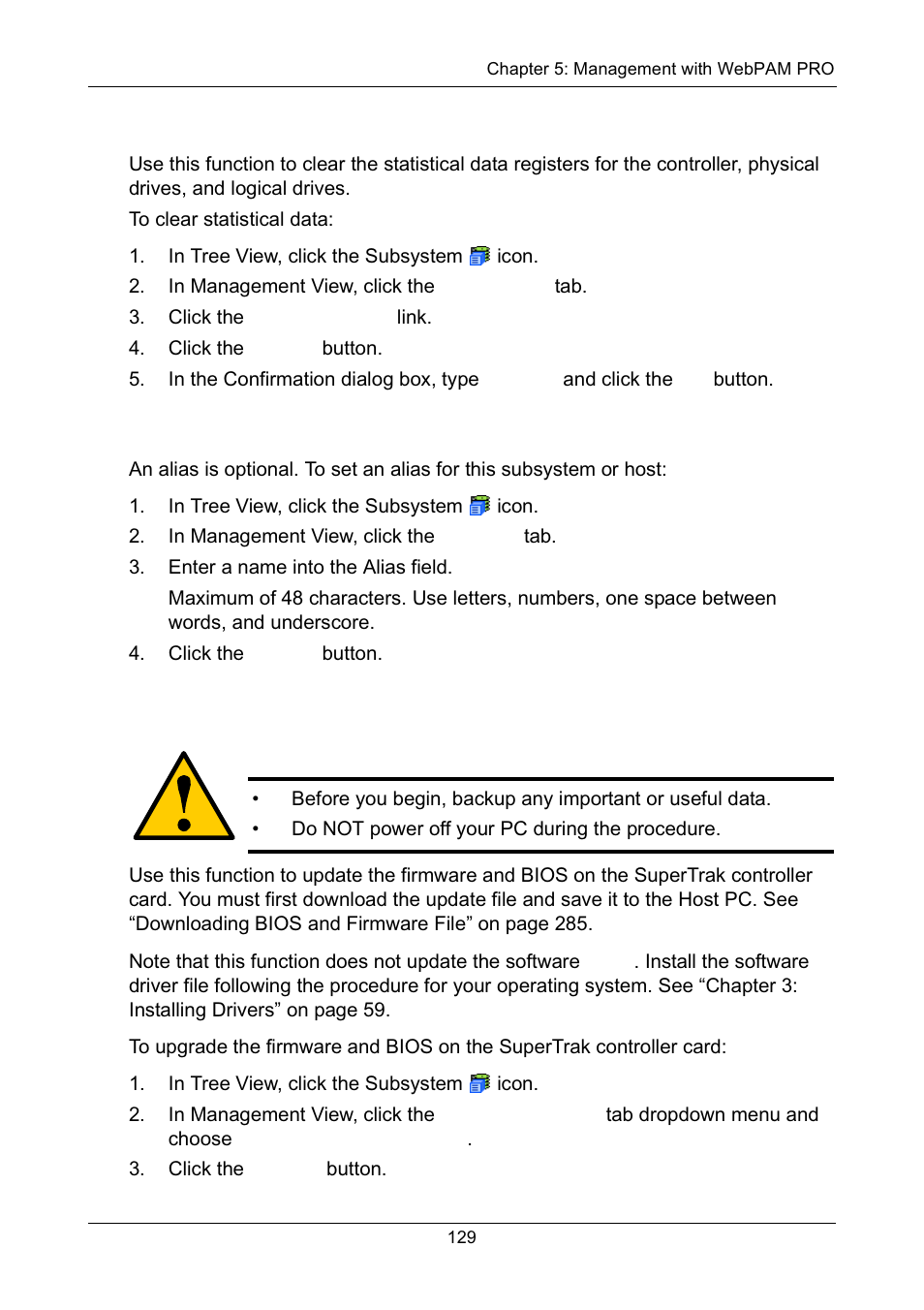 Clearing statistical data, Setting an alias for the subsystem, Updating the firmware | Promise Technology Network Device EX8654 User Manual | Page 143 / 318