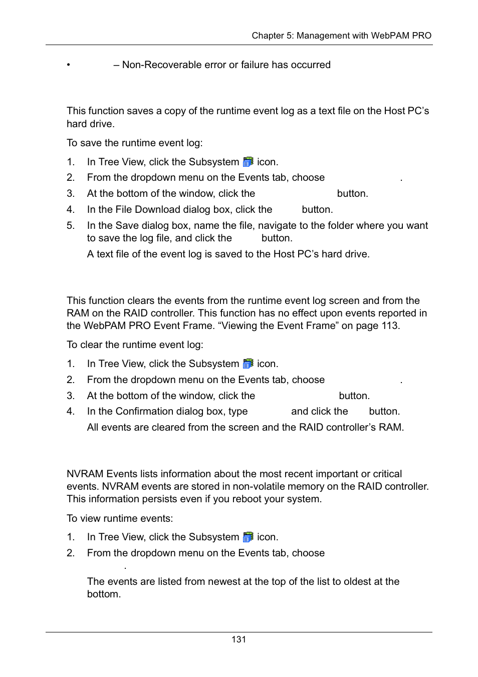 Saving the runtime event log, Clearing the runtime event log, Viewing the nvram event log | Promise Technology Network Device EX8654 User Manual | Page 145 / 318