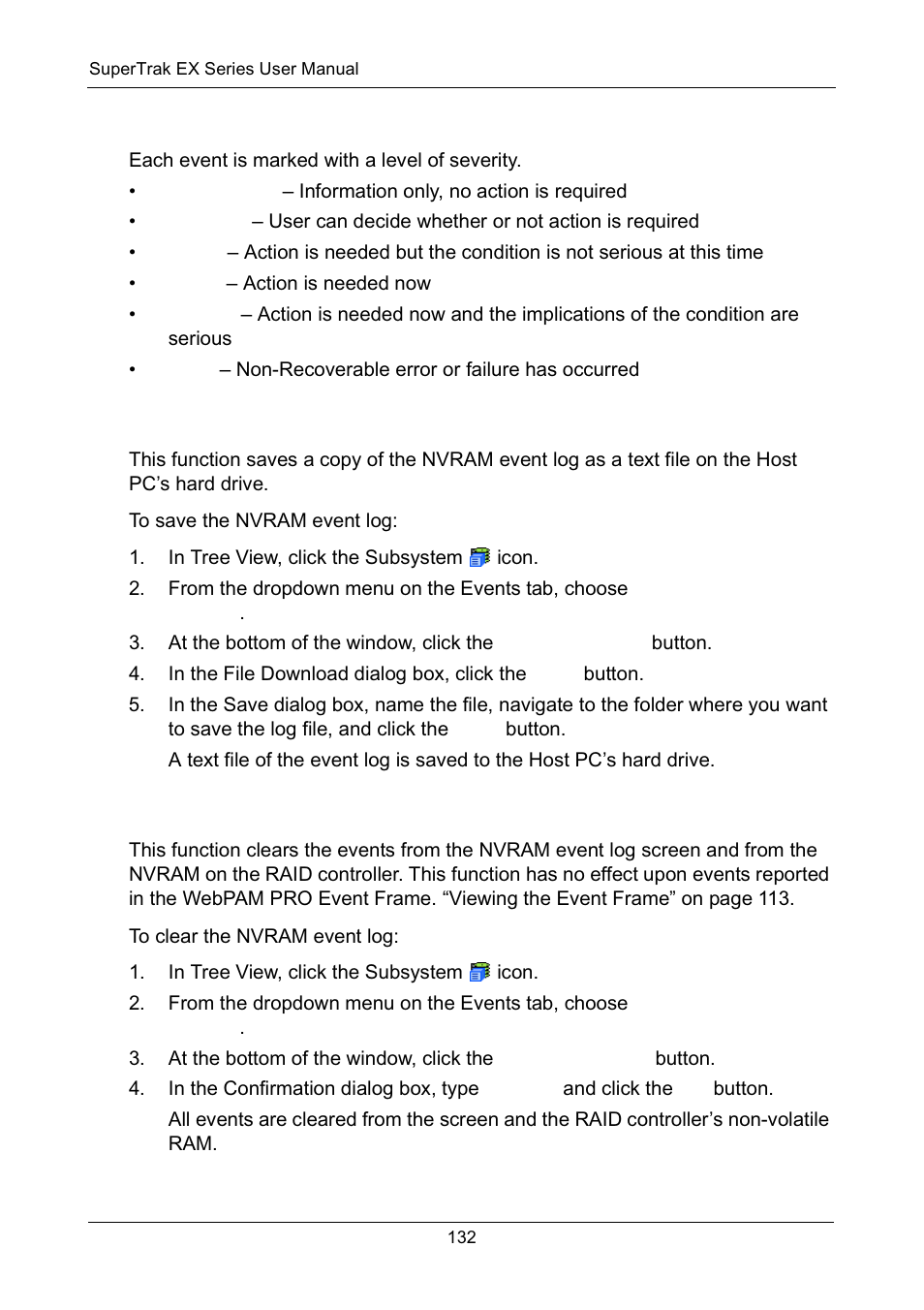 Severity definitions, Saving the nvram event log, Clearing the nvram event log | Promise Technology Network Device EX8654 User Manual | Page 146 / 318
