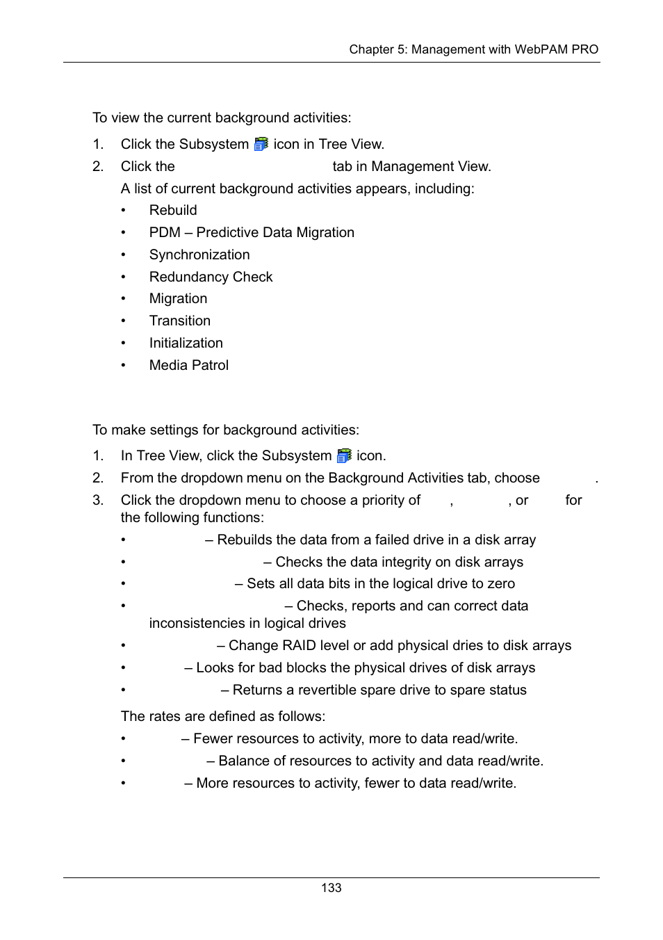 Viewing current background activities, Making background activity settings | Promise Technology Network Device EX8654 User Manual | Page 147 / 318