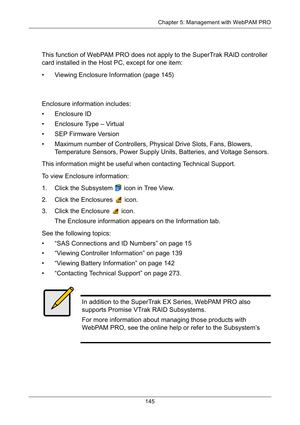 Managing enclosures, Viewing enclosure information | Promise Technology Network Device EX8654 User Manual | Page 159 / 318