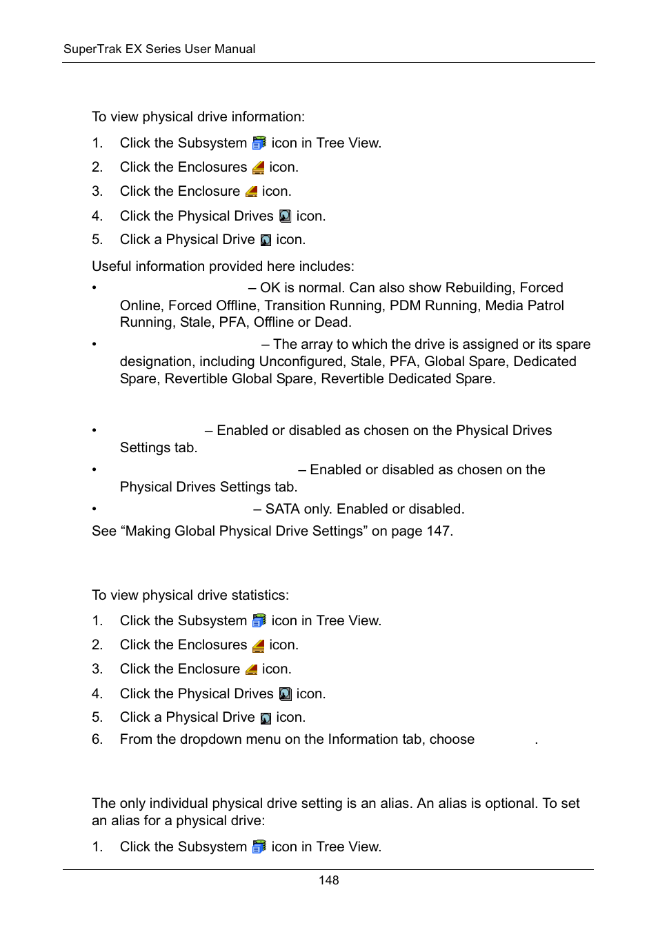 Viewing physical drive information, Adjustable items, Viewing physical drive statistics | Making physical drive settings | Promise Technology Network Device EX8654 User Manual | Page 162 / 318