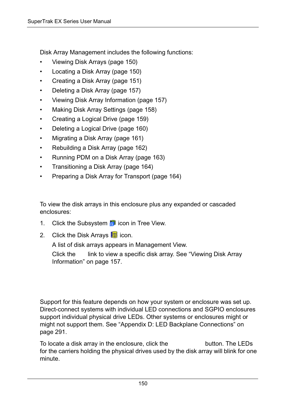 Managing disk arrays, Viewing disk arrays, Locating a disk array | Virtual or third party enclosures, Viewing disk arrays locating a disk array | Promise Technology Network Device EX8654 User Manual | Page 164 / 318