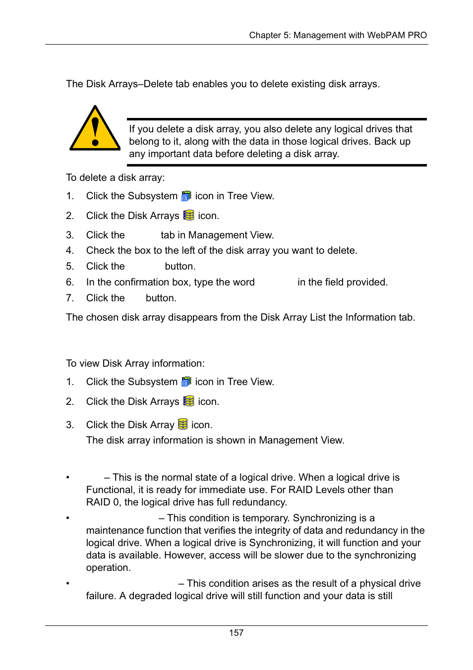 Deleting a disk array, Viewing disk array information, Disk array operational status | Promise Technology Network Device EX8654 User Manual | Page 171 / 318