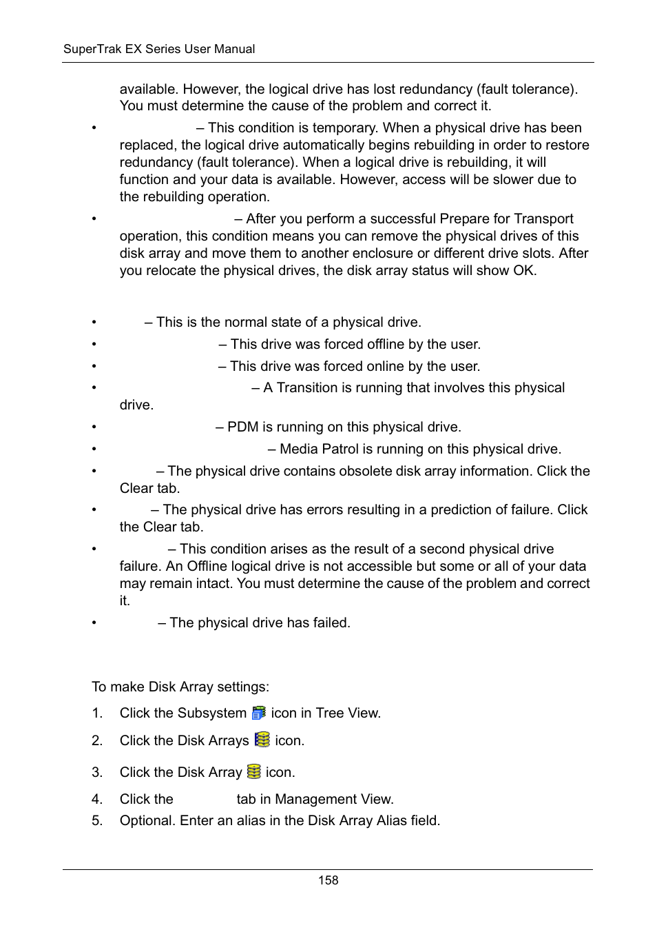 Physical drive status, Making disk array settings | Promise Technology Network Device EX8654 User Manual | Page 172 / 318