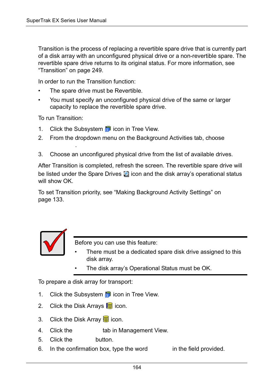Transitioning a disk array, Preparing a disk array for transport | Promise Technology Network Device EX8654 User Manual | Page 178 / 318