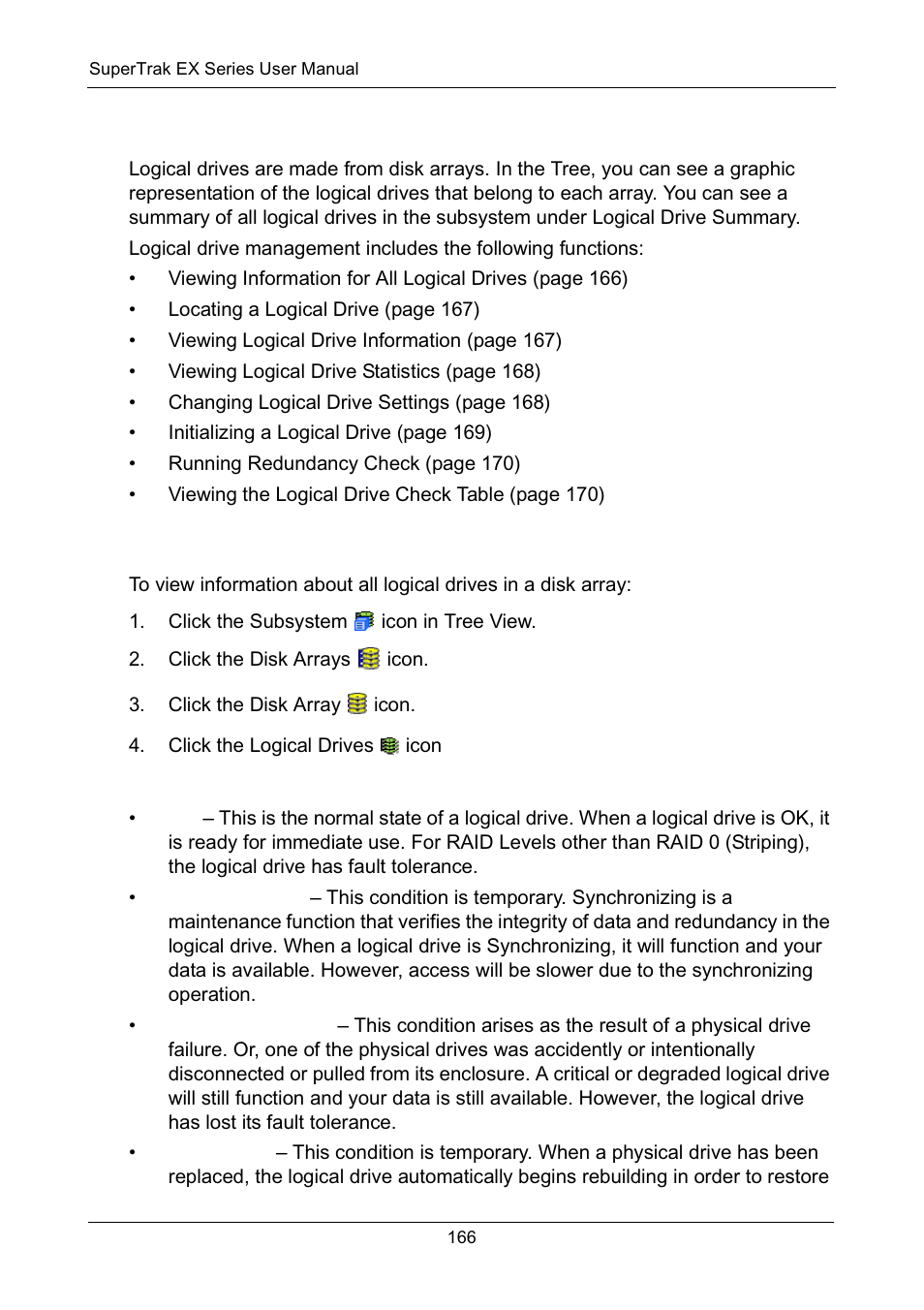 Managing logical drives, Viewing information for all logical drives, Logical drive status | Managing logical drives, cont | Promise Technology Network Device EX8654 User Manual | Page 180 / 318