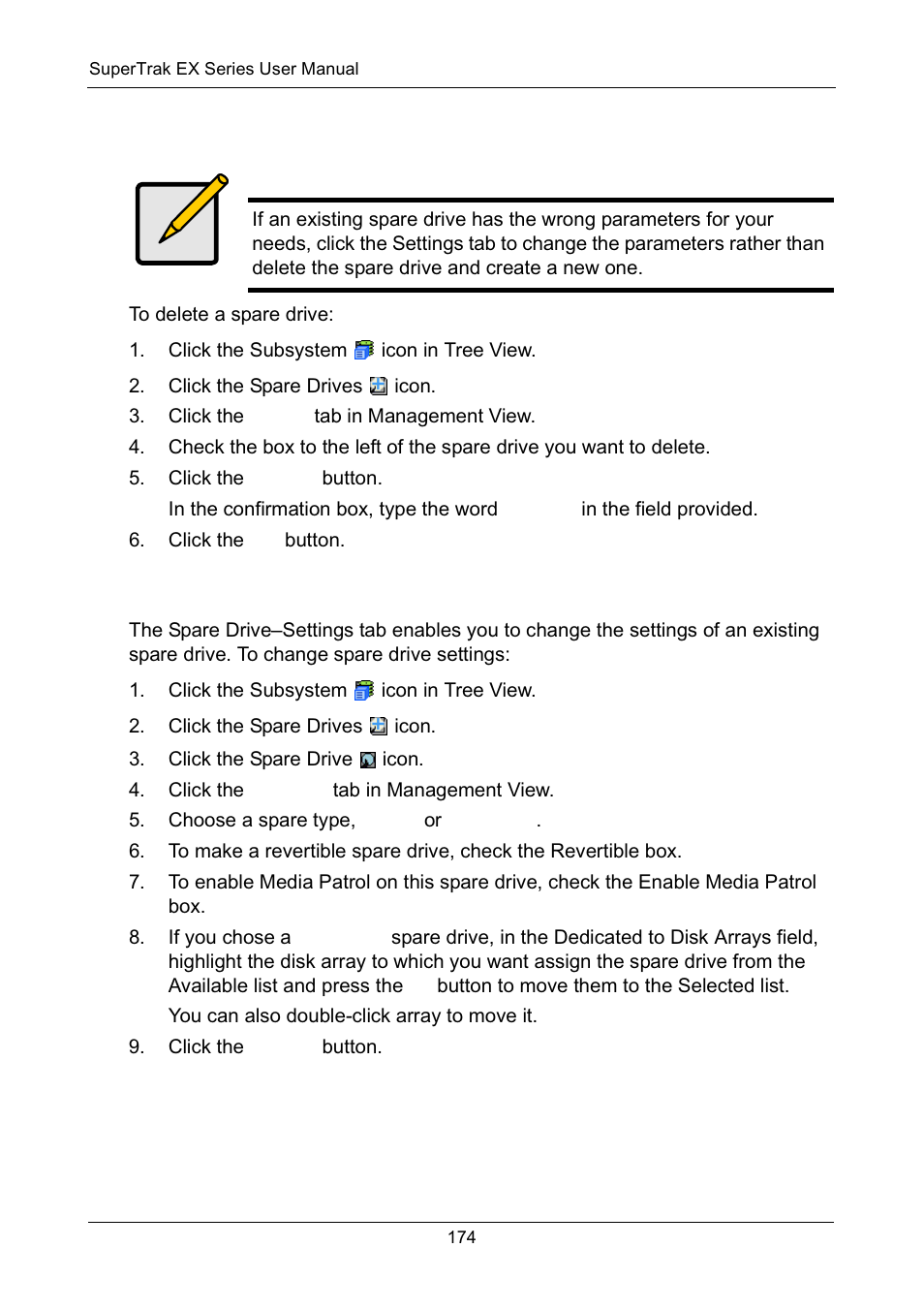 Deleting spare drive, Making spare drive settings, Deleting spare drive making spare drive settings | Promise Technology Network Device EX8654 User Manual | Page 188 / 318