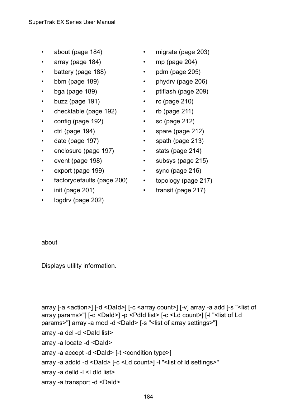 List of supported commands, About, Usage | Summary, Array | Promise Technology Network Device EX8654 User Manual | Page 198 / 318