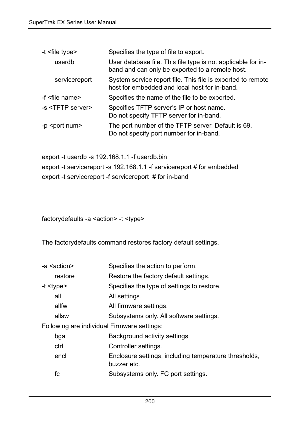Options, Examples, Factorydefaults | Usage, Summary | Promise Technology Network Device EX8654 User Manual | Page 214 / 318