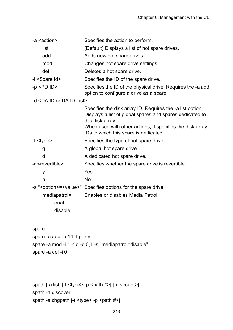 Options, Examples, Spath | Usage | Promise Technology Network Device EX8654 User Manual | Page 227 / 318