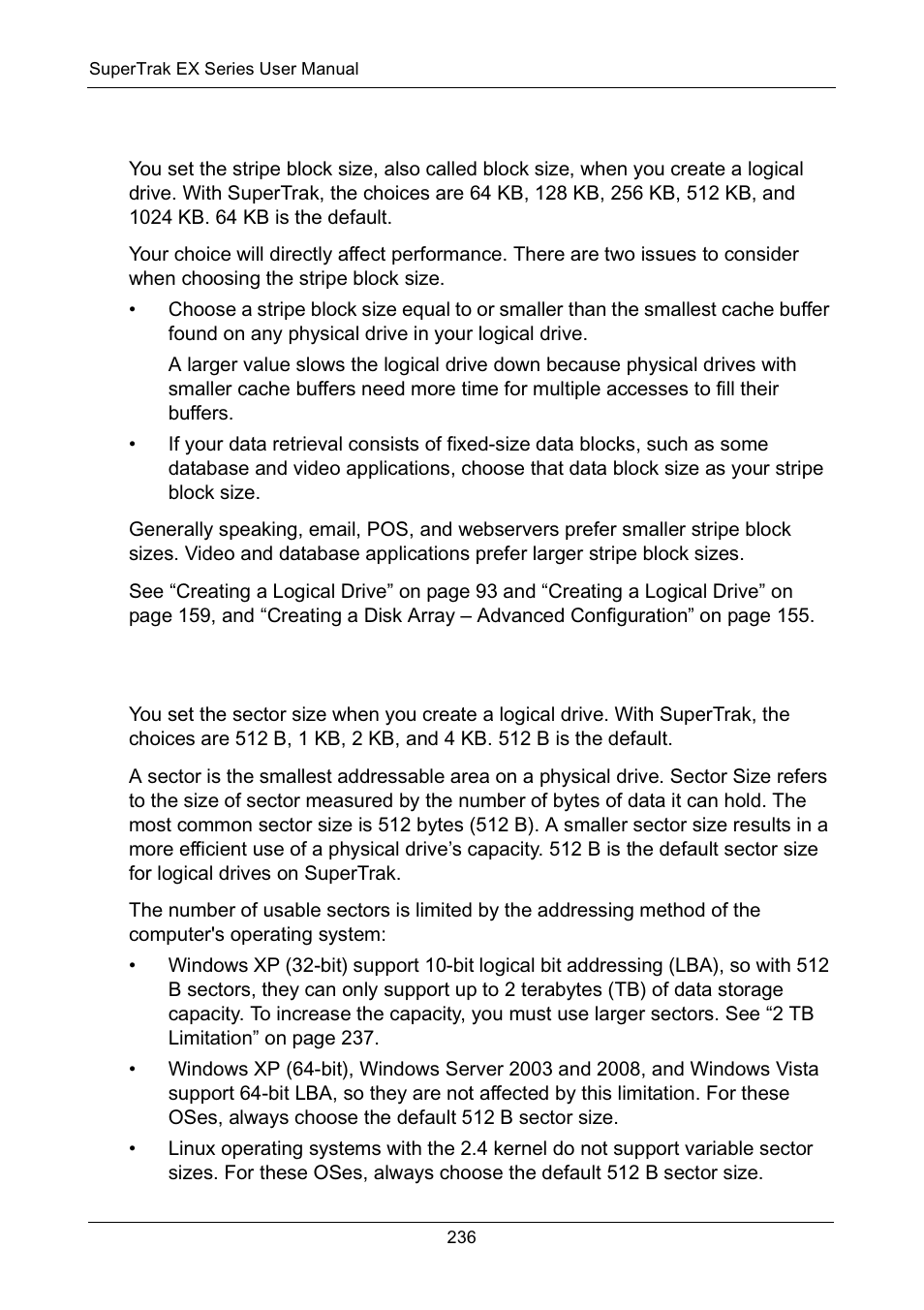 Choosing stripe block size, Choosing sector size, Choosing stripe block size choosing sector size | Promise Technology Network Device EX8654 User Manual | Page 250 / 318