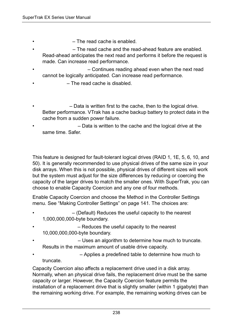 Read cache policy, Write cache policy, Capacity coercion | Read cache policy write cache policy | Promise Technology Network Device EX8654 User Manual | Page 252 / 318