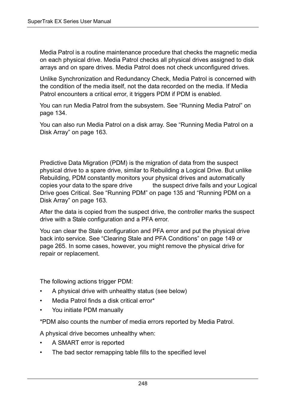 Media patrol, Predictive data migration (pdm), Pdm triggers | Media patrol predictive data migration (pdm) | Promise Technology Network Device EX8654 User Manual | Page 262 / 318