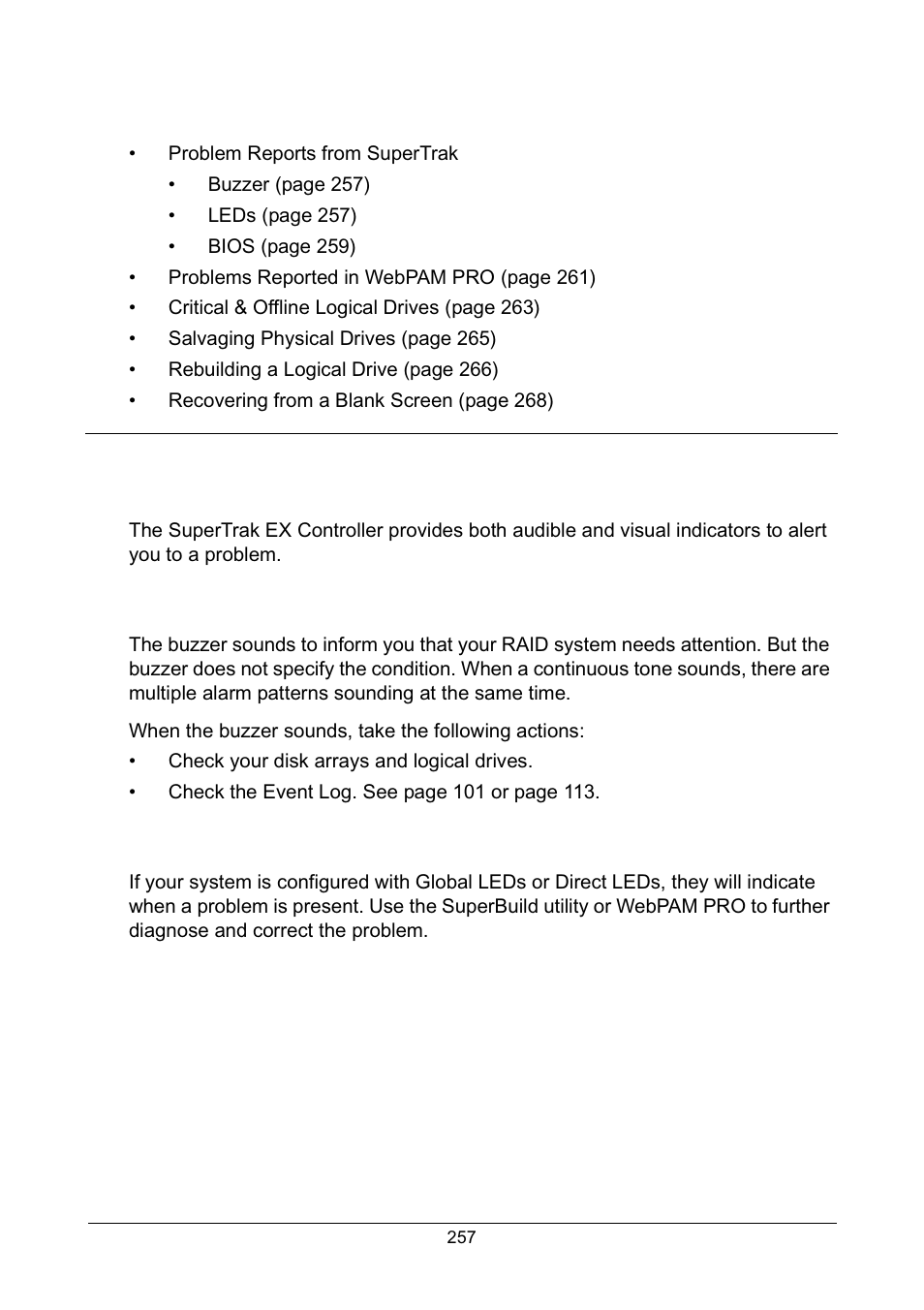 Chapter 8: troubleshooting, Problems reported by supertrak, Buzzer | Leds, Buzzer leds | Promise Technology Network Device EX8654 User Manual | Page 271 / 318