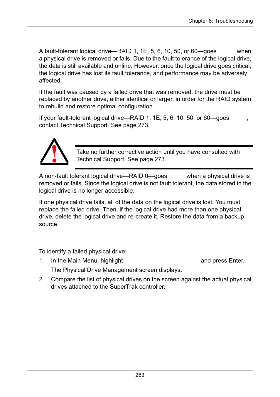 Critical & offline logical drives, Finding the failed drive in superbuild | Promise Technology Network Device EX8654 User Manual | Page 277 / 318