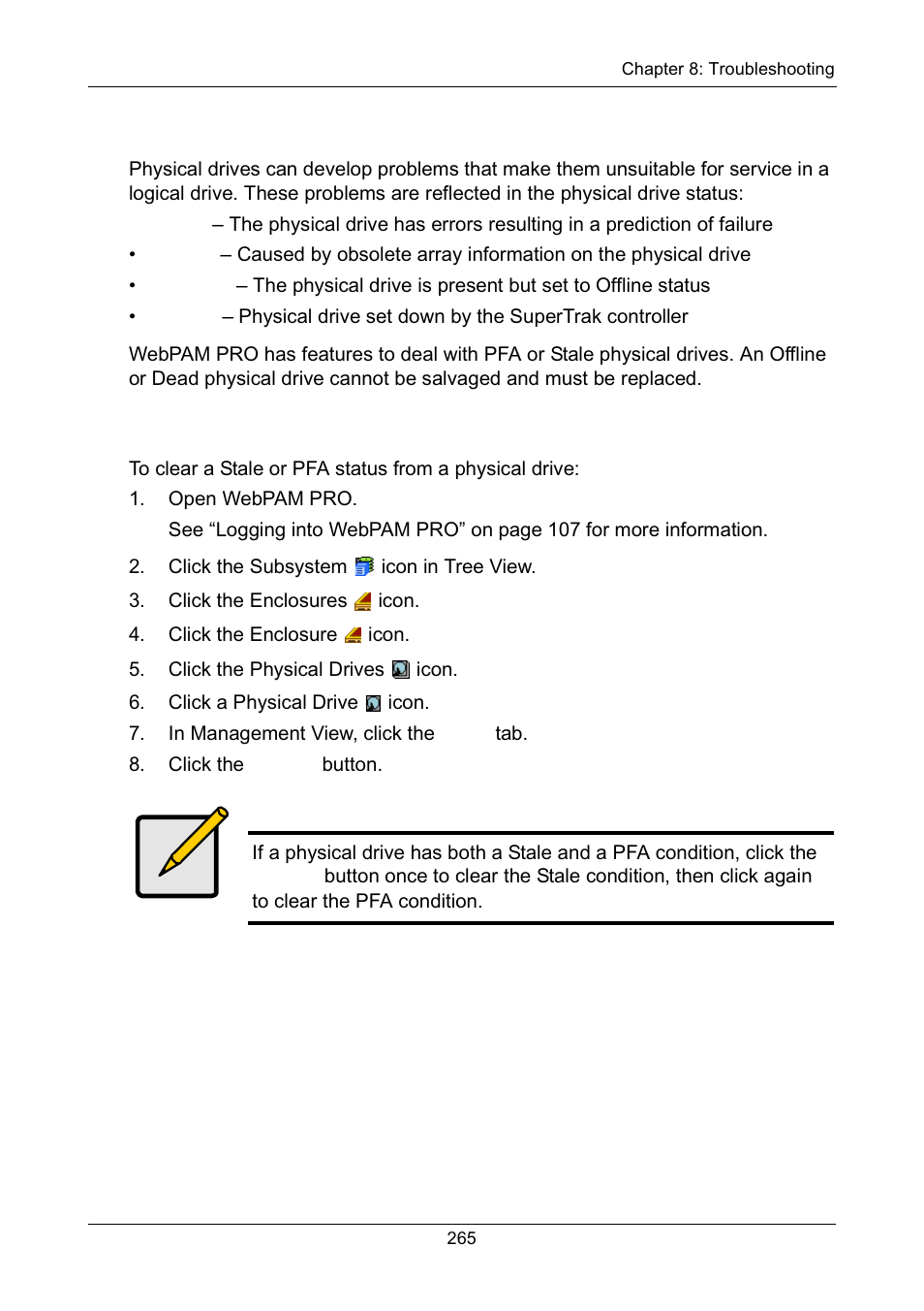 Salvaging physical drives, Clearing stale and pfa conditions | Promise Technology Network Device EX8654 User Manual | Page 279 / 318