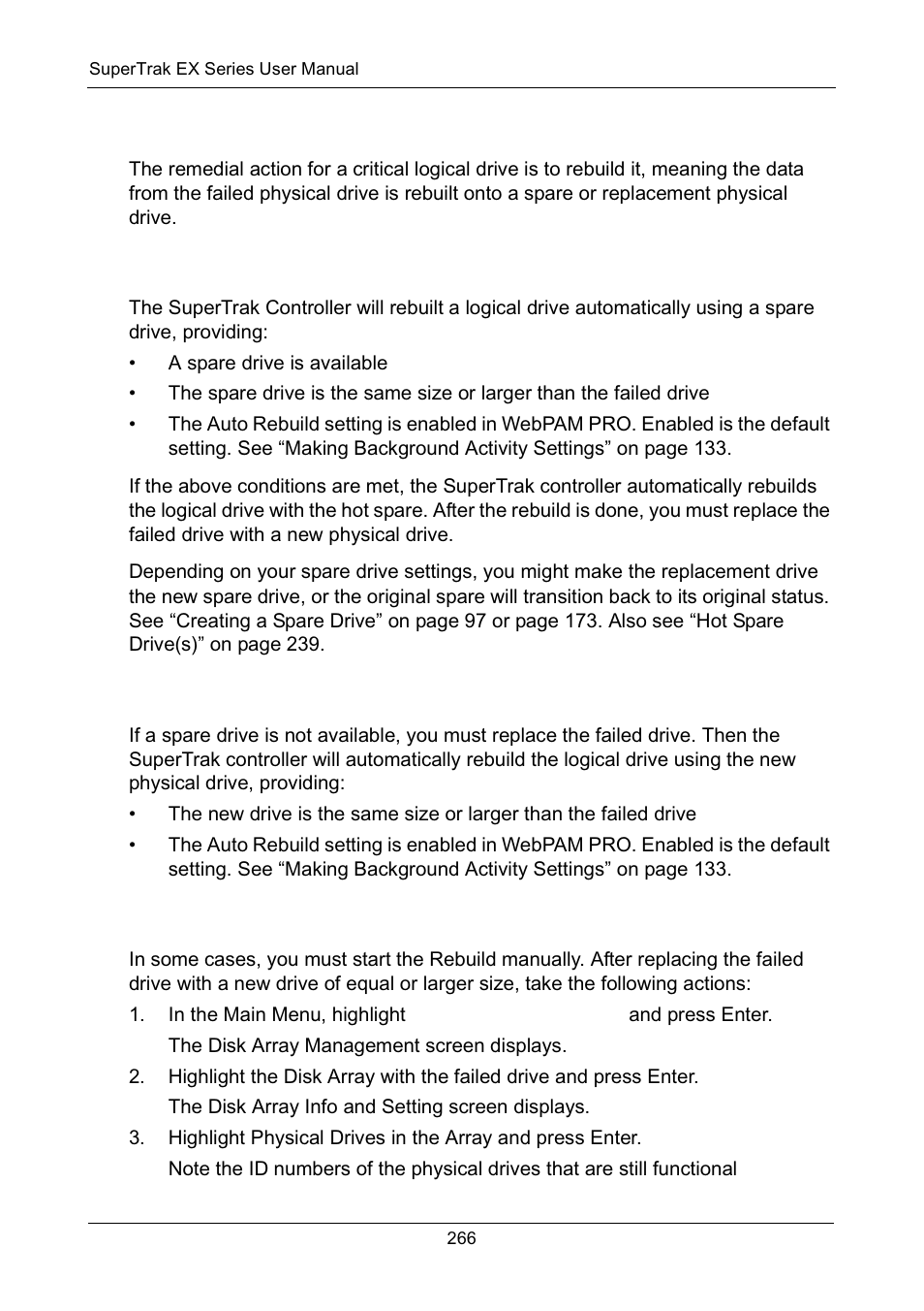 Rebuilding a logical drive, Spare drive available, No spare drive available | Manual rebuild: superbuild utility | Promise Technology Network Device EX8654 User Manual | Page 280 / 318