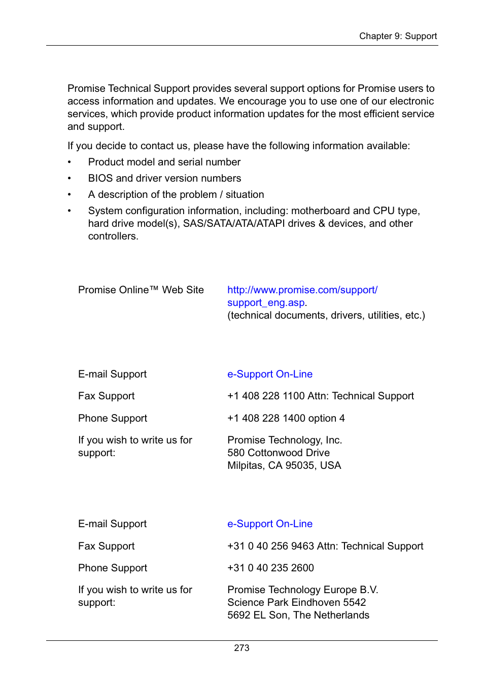 Contacting technical support, Technical support services, United states | The netherlands | Promise Technology Network Device EX8654 User Manual | Page 287 / 318