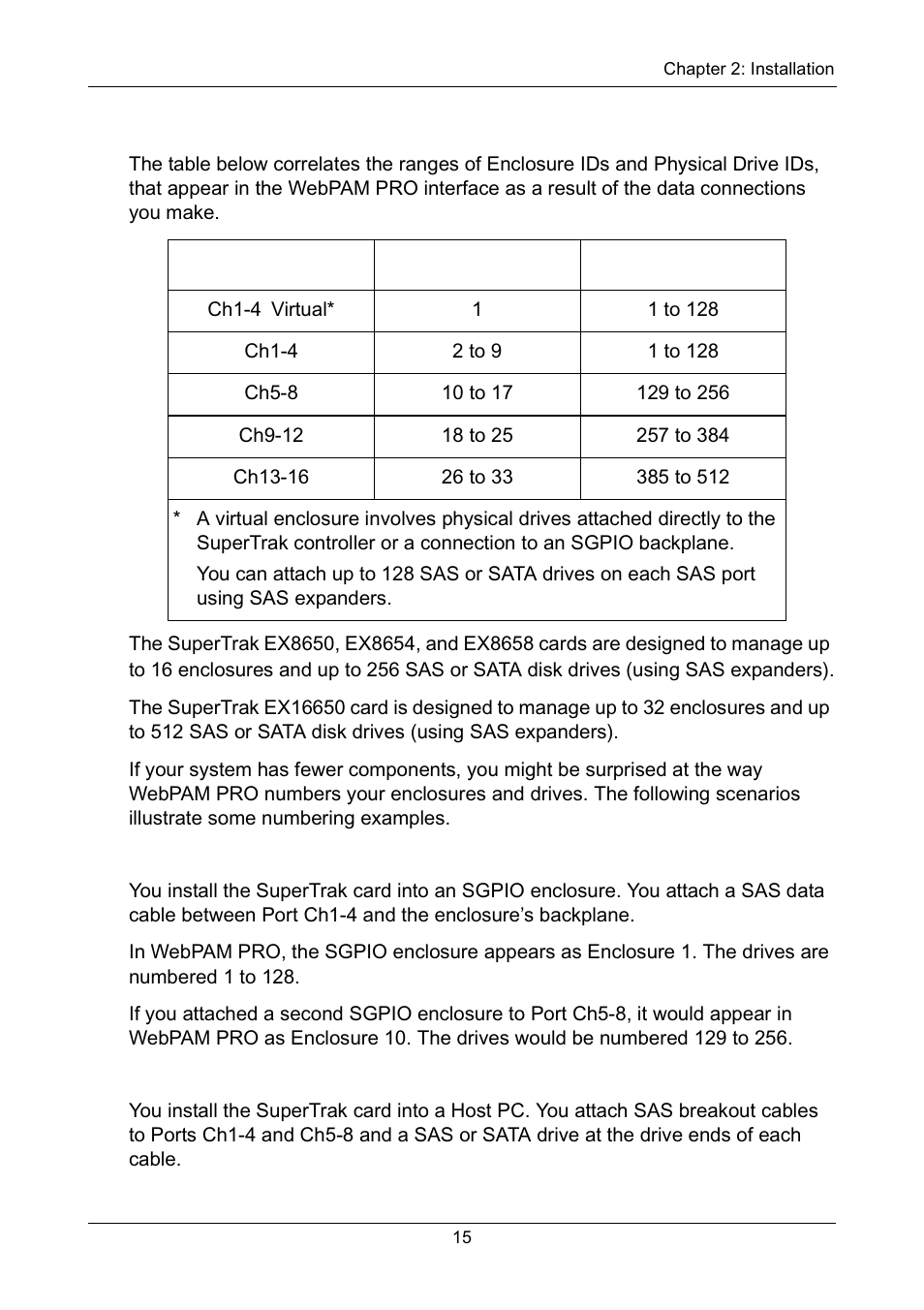 Sas connections and id numbers, Scenario 1: virtual enclosure - sgpio, Scenario 2: virtual enclosure - host pc | Promise Technology Network Device EX8654 User Manual | Page 29 / 318