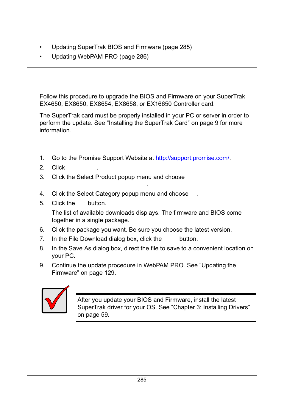 Appendix b: upgrades, Updating supertrak bios and firmware, Downloading bios and firmware file | Promise Technology Network Device EX8654 User Manual | Page 299 / 318
