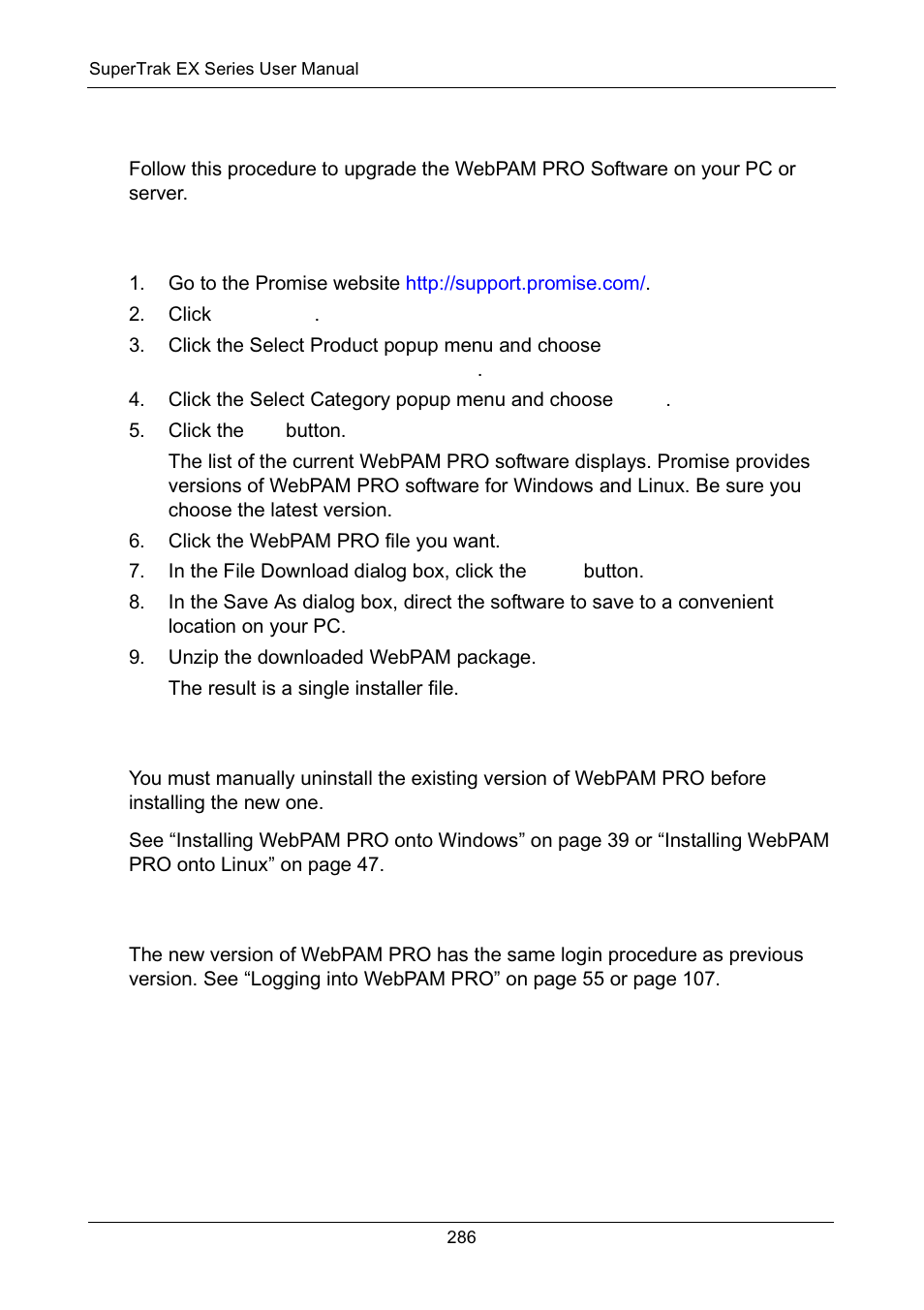 Updating webpam pro, Downloading the webpam pro update file, Installing the webpam pro update file | Logging into webpam pro | Promise Technology Network Device EX8654 User Manual | Page 300 / 318