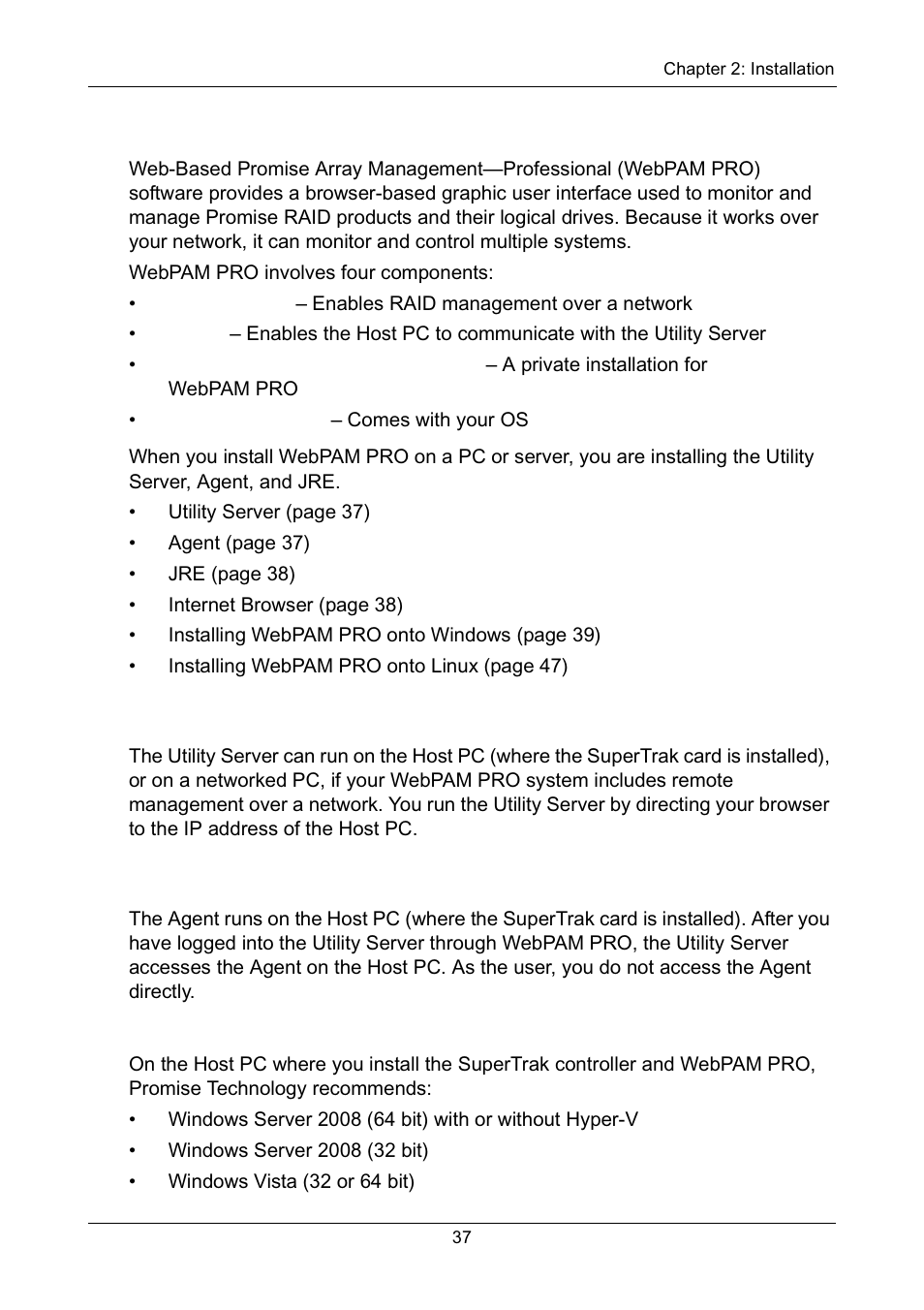 Installing webpam pro, Utility server, Agent | Operating system support, Utility server agent | Promise Technology Network Device EX8654 User Manual | Page 51 / 318
