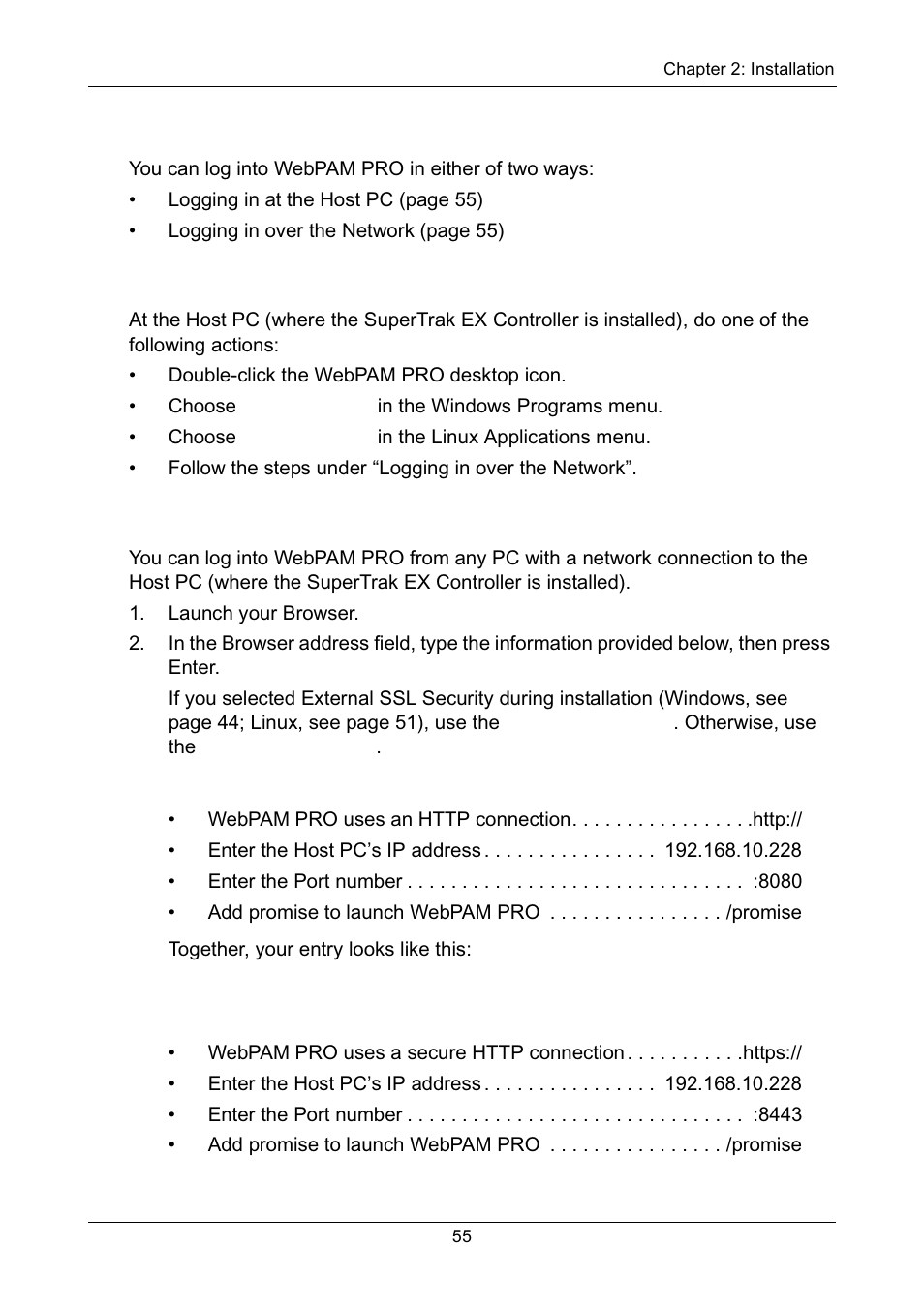Logging into webpam pro, Logging in at the host pc, Logging in over the network | Regular connection, Secure connection | Promise Technology Network Device EX8654 User Manual | Page 69 / 318