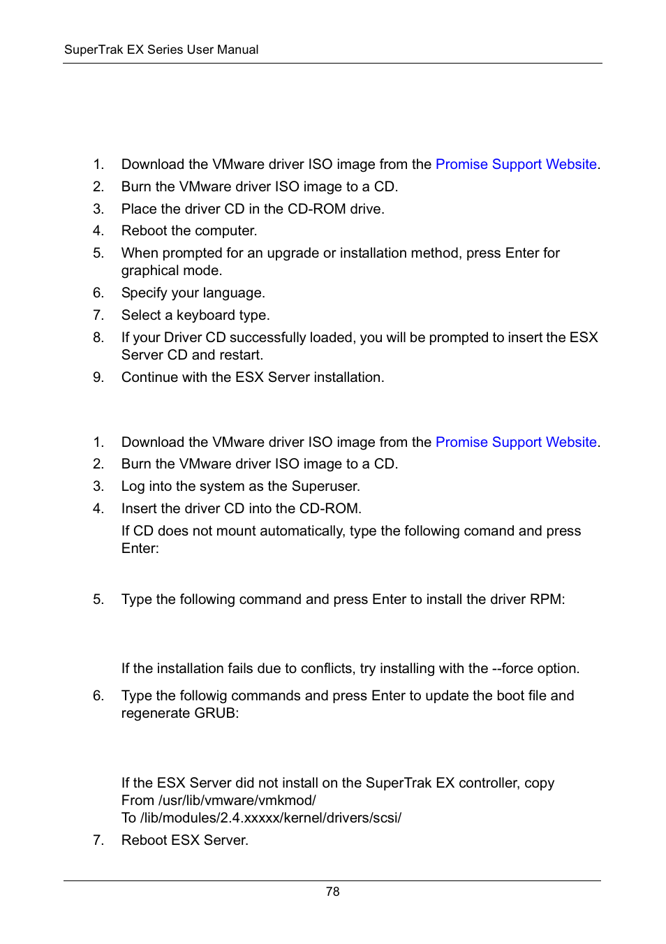 Vmware esx server 3.0.2, 3.5.0, New os installation, Existing system | New os installation existing system | Promise Technology Network Device EX8654 User Manual | Page 92 / 318