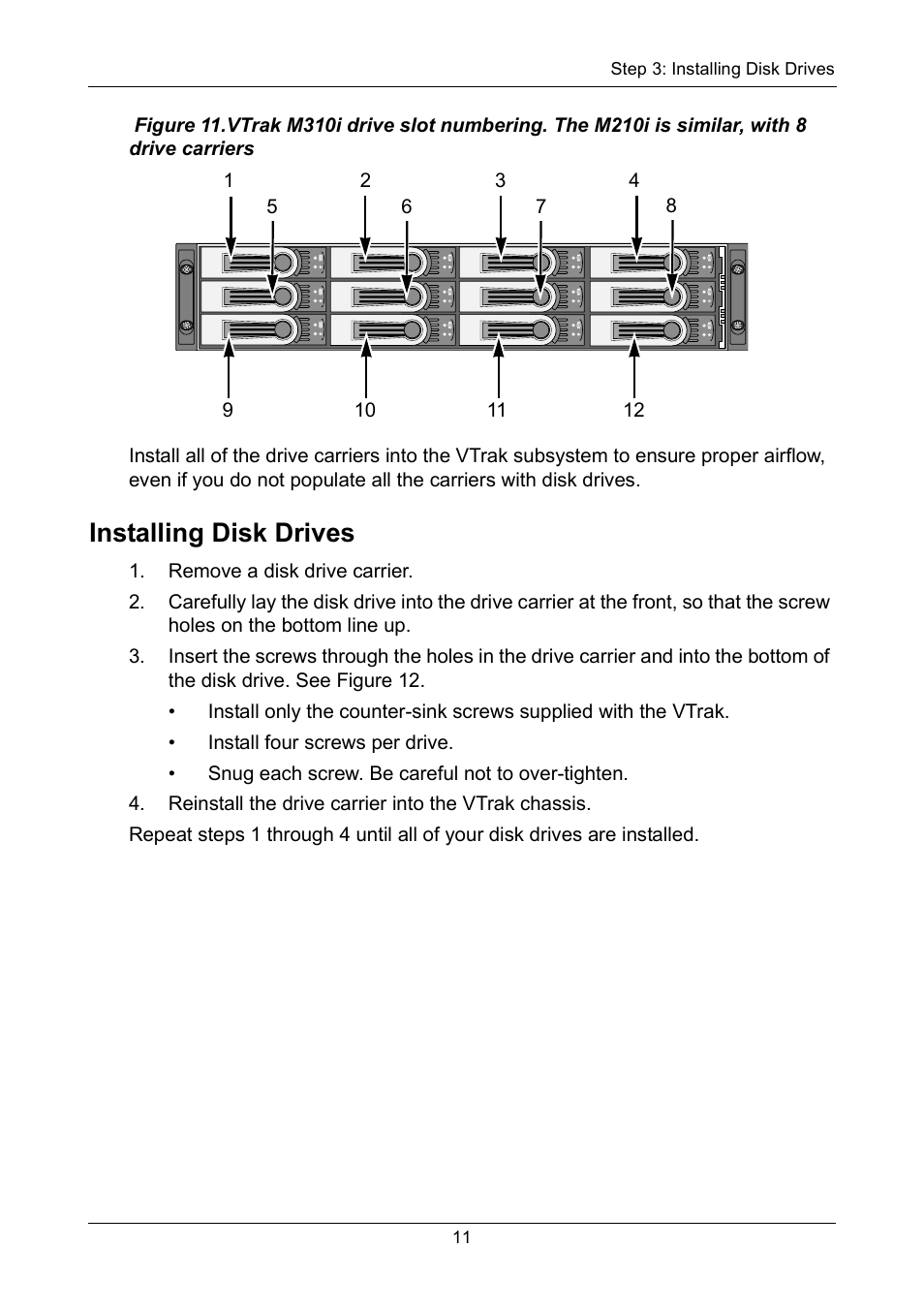 Installing disk drives | Promise Technology VTrak copy VTM210 User Manual | Page 11 / 34