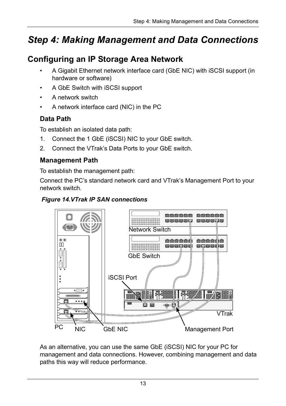 Step 4: making management and data connections, Configuring an ip storage area network, Data path | Management path | Promise Technology VTrak copy VTM210 User Manual | Page 13 / 34