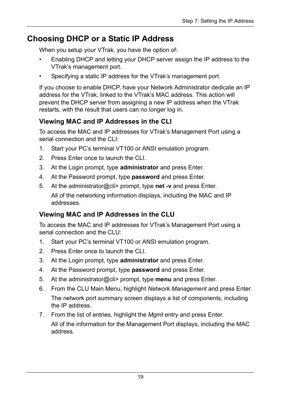 Choosing dhcp or a static ip address, Viewing mac and ip addresses in the cli, Viewing mac and ip addresses in the clu | Promise Technology VTrak copy VTM210 User Manual | Page 19 / 34