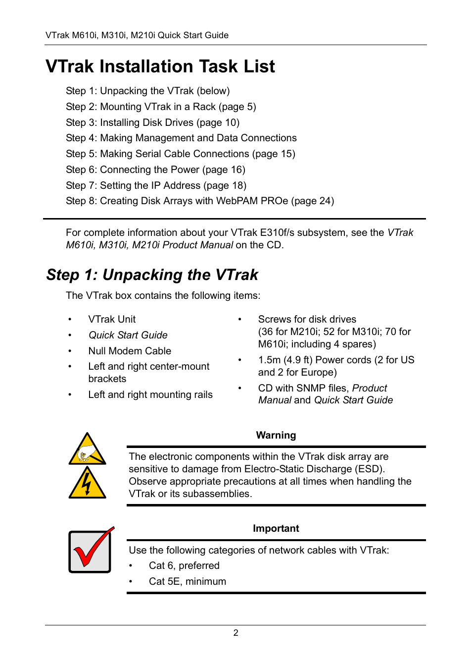 Vtrak installation task list, Step 1: unpacking the vtrak | Promise Technology VTrak copy VTM210 User Manual | Page 2 / 34