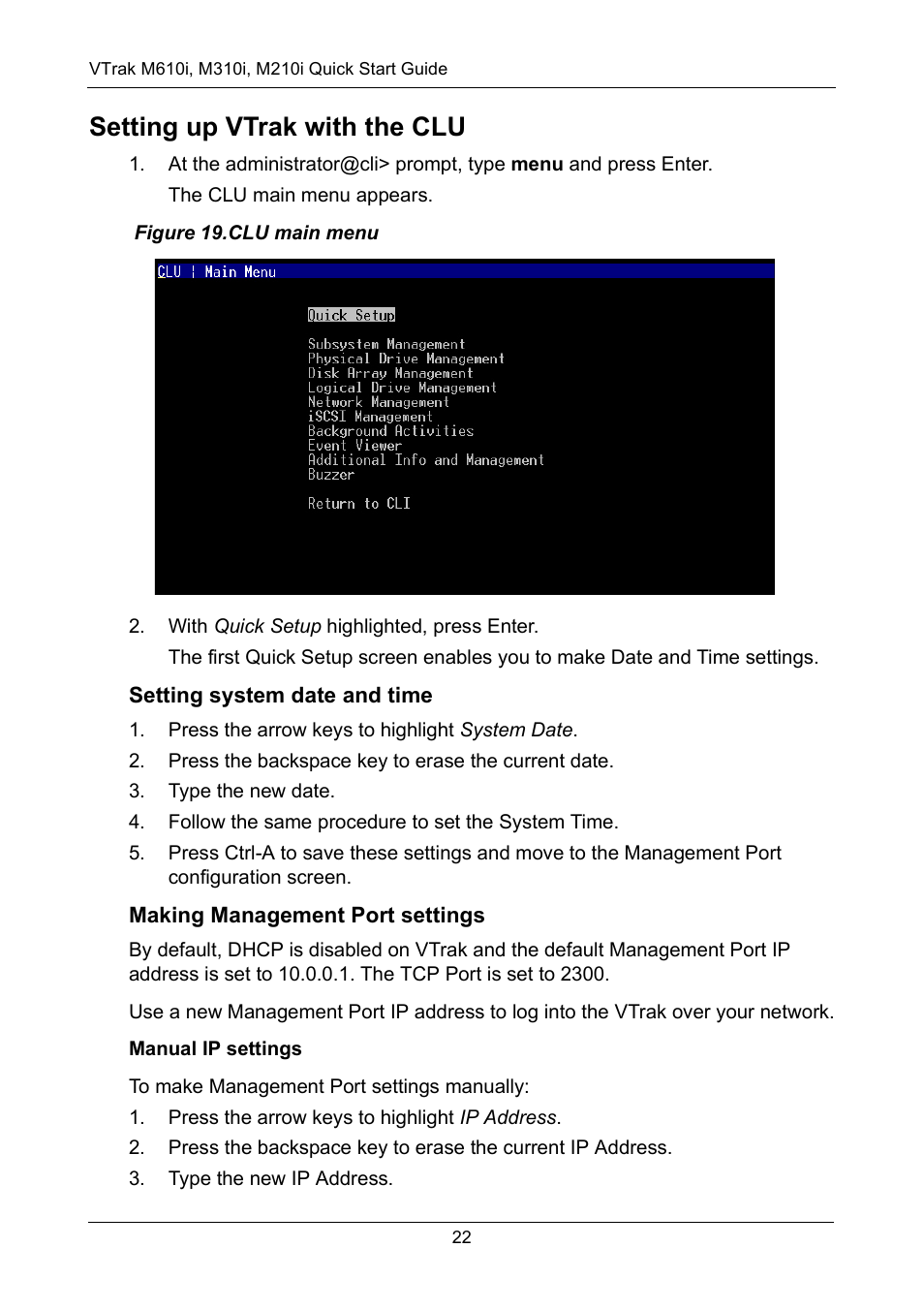 Setting up vtrak with the clu, Setting system date and time, Making management port settings | Promise Technology VTrak copy VTM210 User Manual | Page 22 / 34