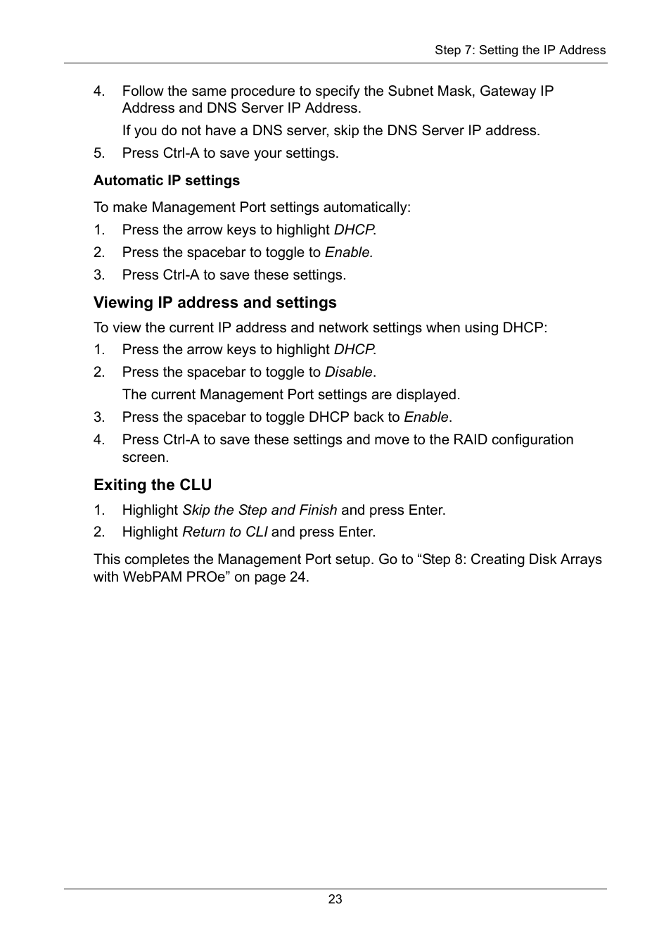 Viewing ip address and settings, Exiting the clu | Promise Technology VTrak copy VTM210 User Manual | Page 23 / 34