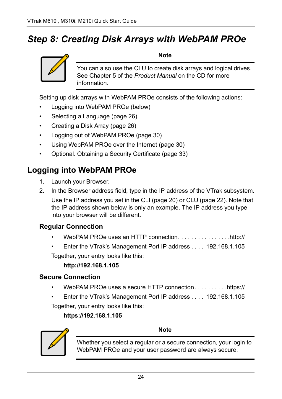 Step 8: creating disk arrays with webpam proe, Logging into webpam proe, Regular connection | Secure connection | Promise Technology VTrak copy VTM210 User Manual | Page 24 / 34