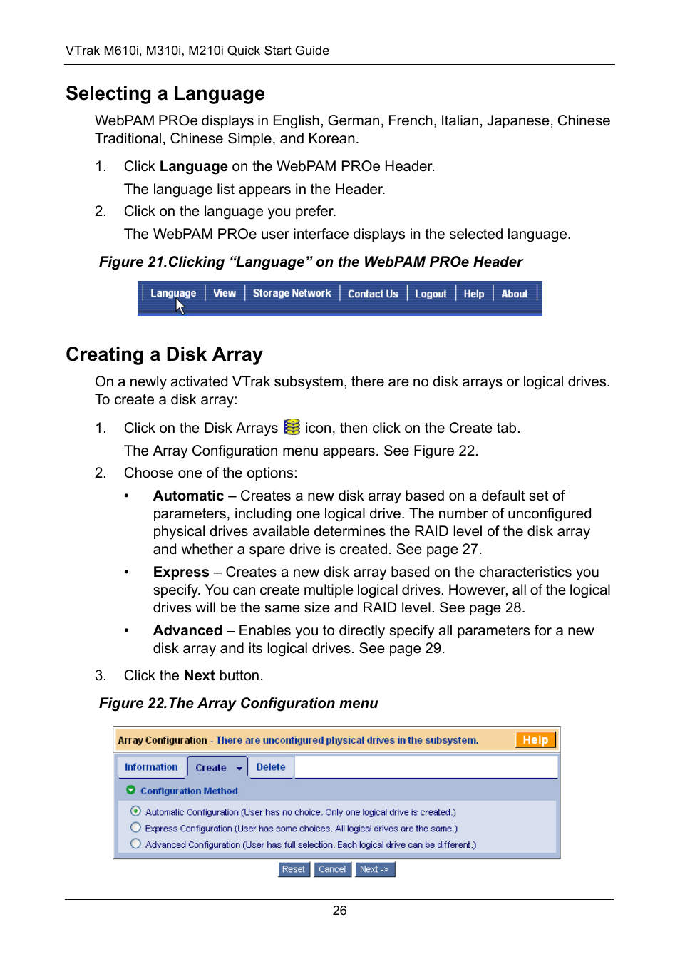 Selecting a language, Creating a disk array | Promise Technology VTrak copy VTM210 User Manual | Page 26 / 34