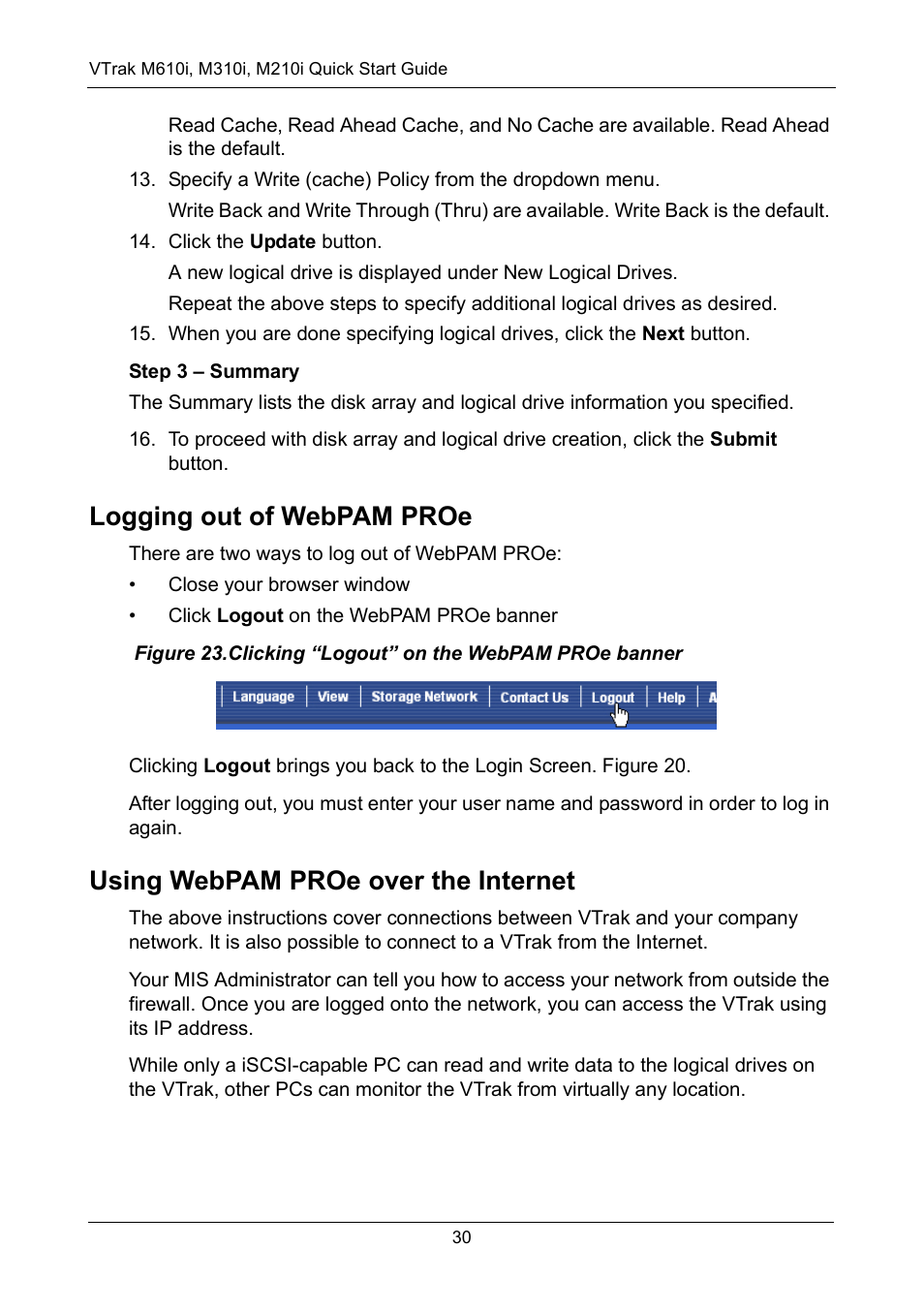 Logging out of webpam proe, Using webpam proe over the internet | Promise Technology VTrak copy VTM210 User Manual | Page 30 / 34