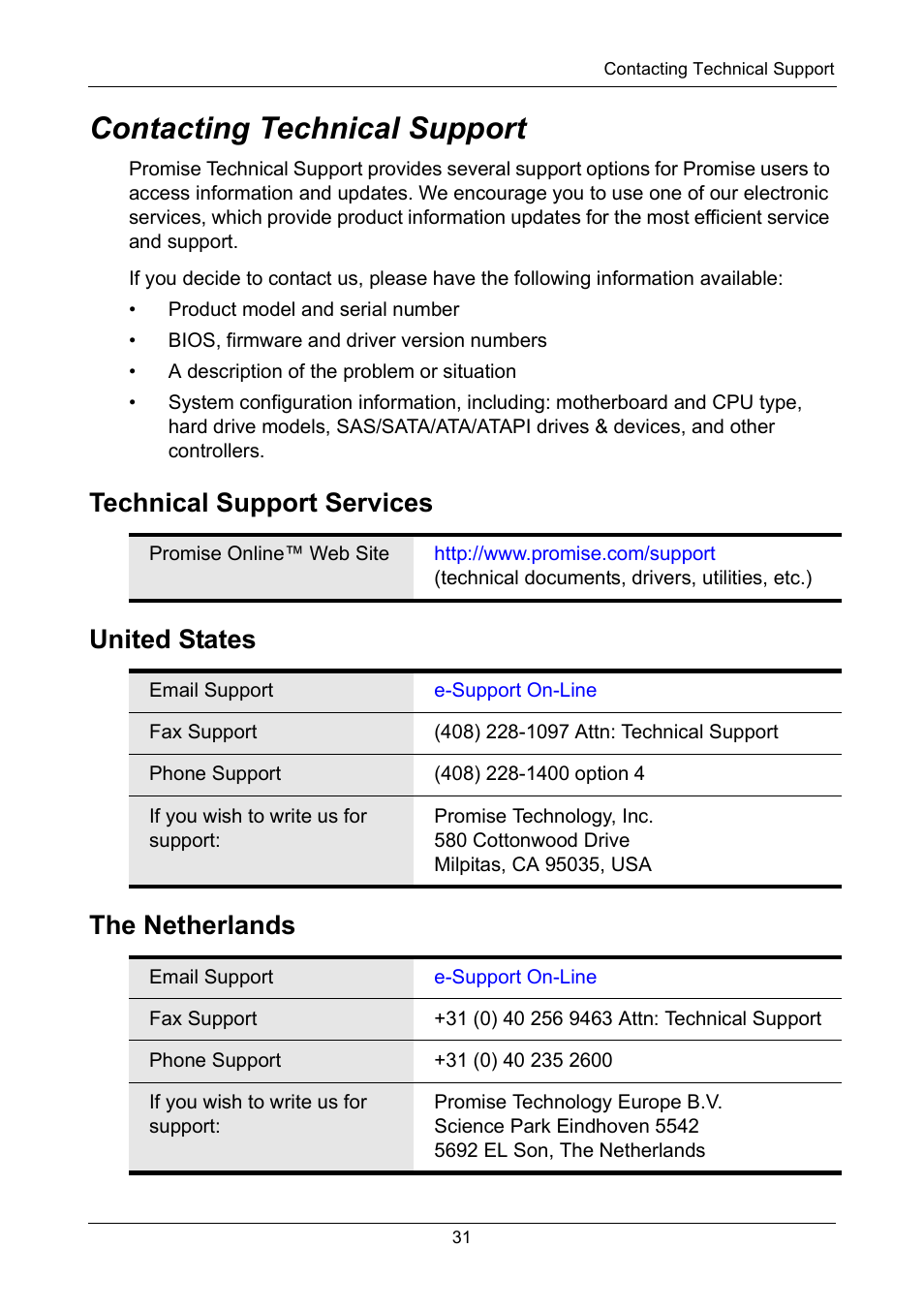 Contacting technical support, Technical support services, United states | The netherlands | Promise Technology VTrak copy VTM210 User Manual | Page 31 / 34