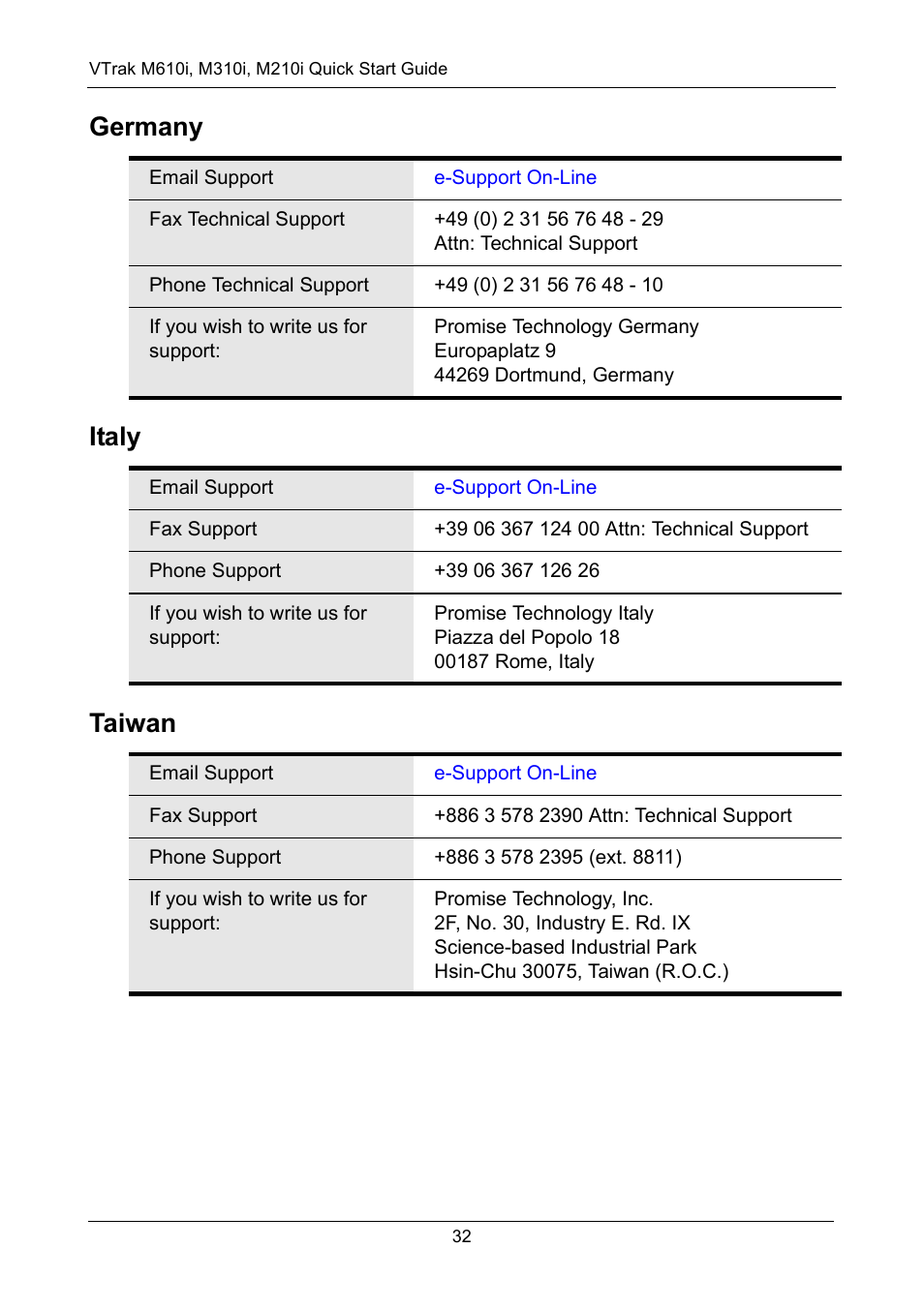 Germany, Italy, Taiwan | Germany italy taiwan | Promise Technology VTrak copy VTM210 User Manual | Page 32 / 34