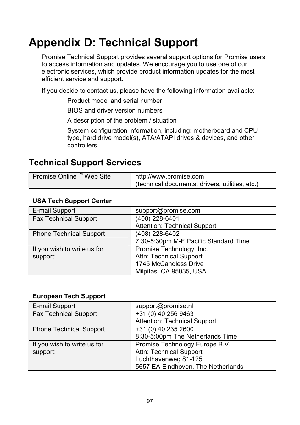 Appendix d: technical support, Technical support services | Promise Technology FastTrak SX Series Version 4.4 User Manual | Page 101 / 102